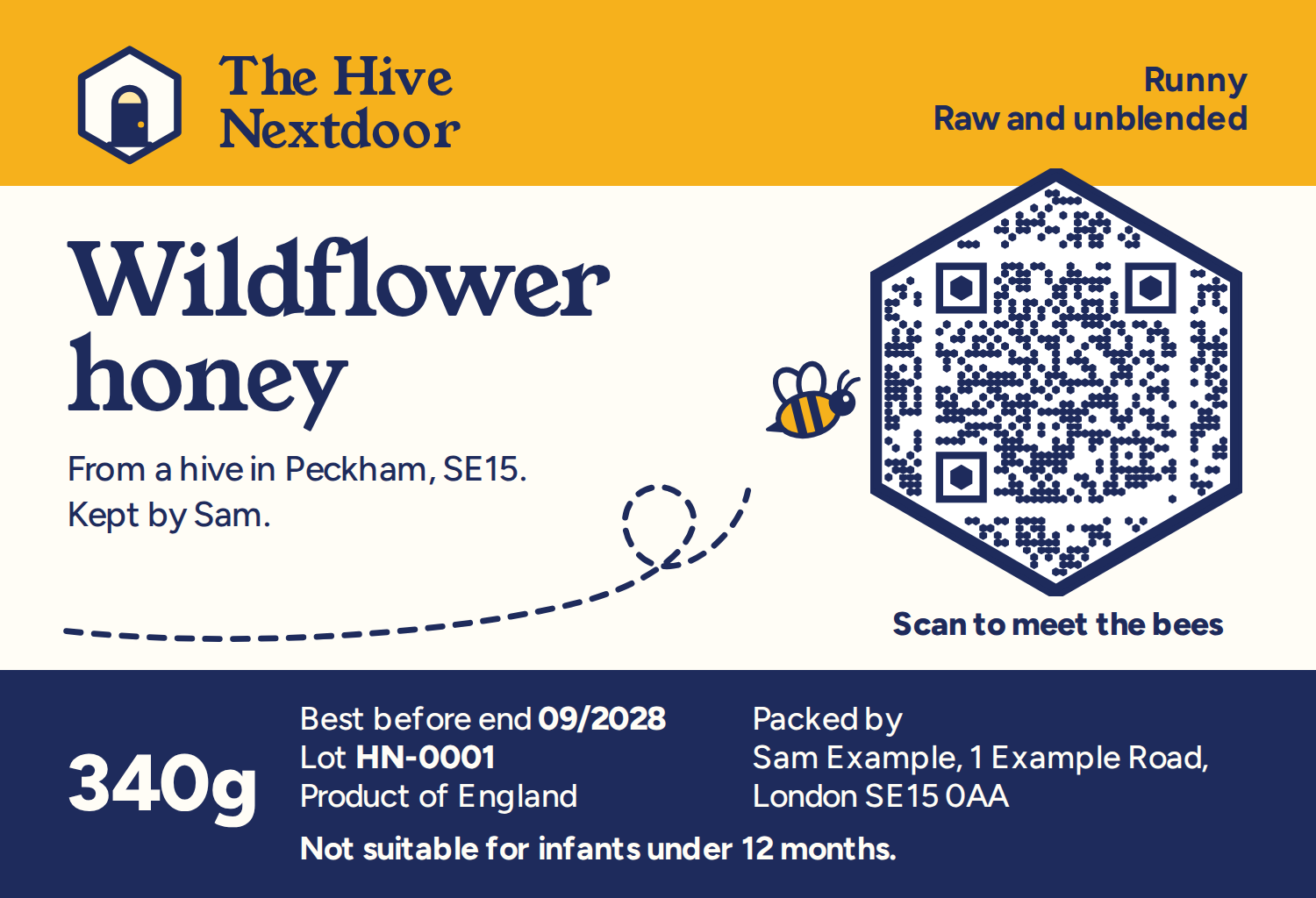 A Hive Nextdoor jar label for wildflower honey from Peckham, with a QR code and the words: scan to meet the bees.